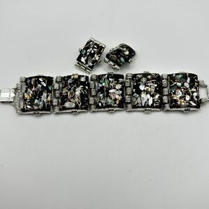Vintage PAM Pamolina black "Confetti" Lucite Bracelet and Clip on Earrings set!